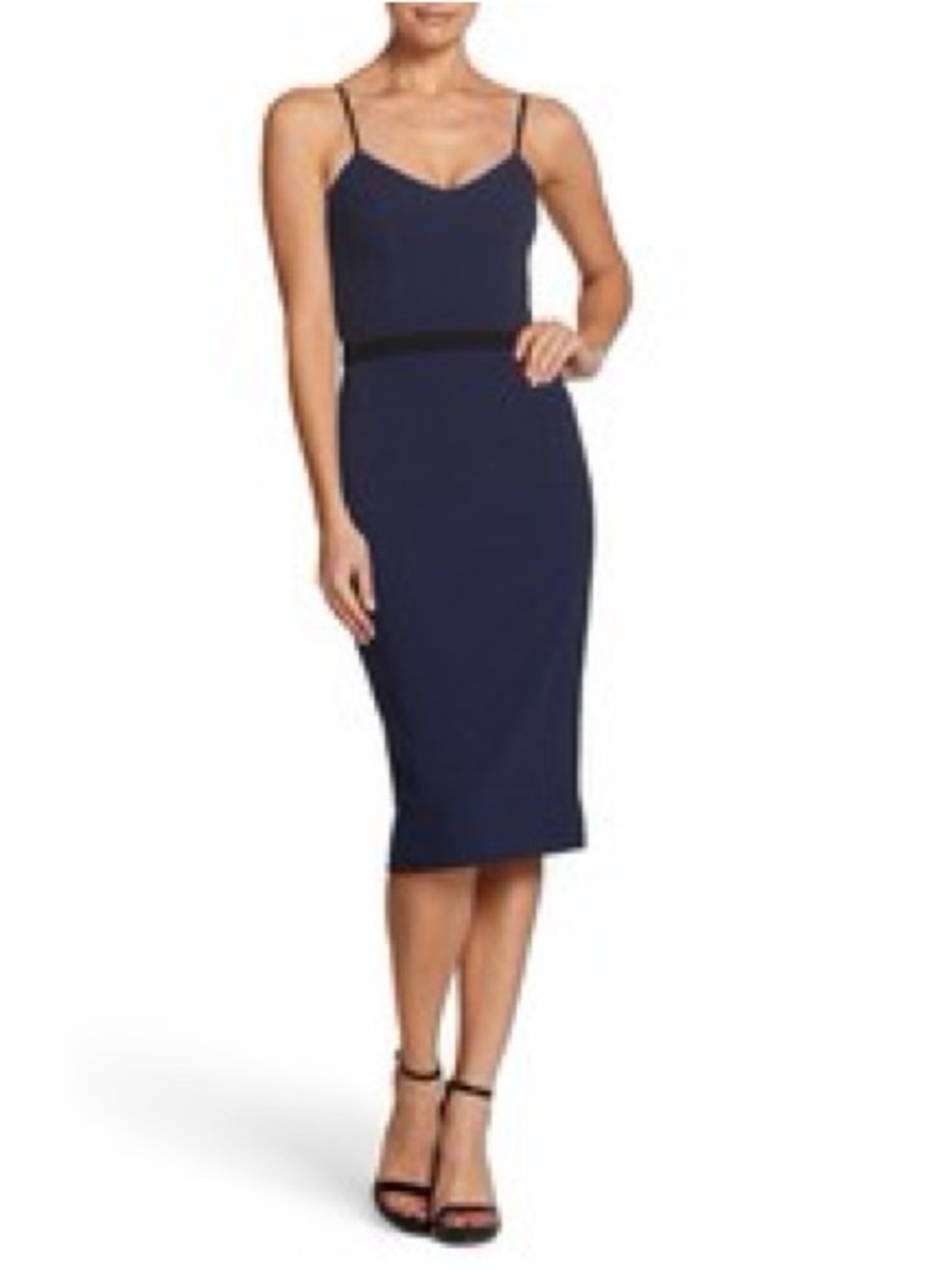 NWT DRESS‎ THE POPULATION SIZE S Emma Spaghetti Strap Bodycon Dress navy midi
